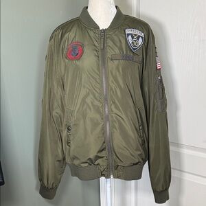 Express Military Bomber Jacket Men’s Size Large – Olive Green with Patches